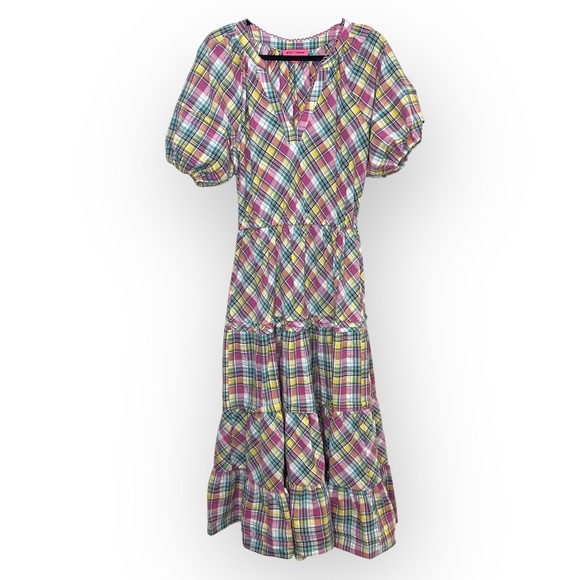 Betsey Johnson Pink Plaid Midi Dress Puff Sleeve Size M - Picture 3 of 15